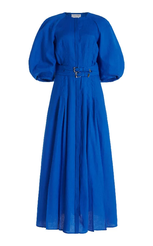 Elea Pleated Maxi Dress in Sapphire Aloe Linen