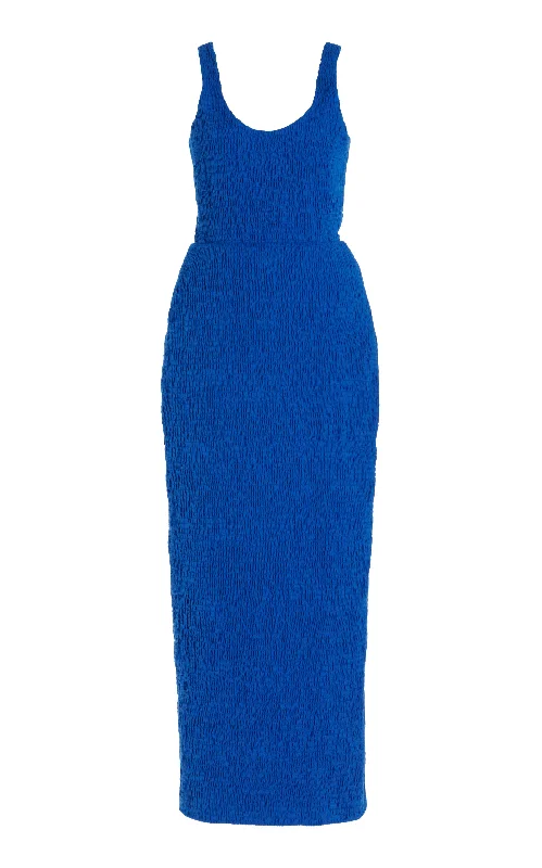 Girard Shirred Maxi Dress in Sapphire Aloe Linen